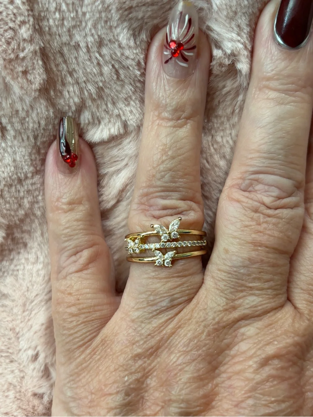 18kt Gold filled Butterfly Triple-Row Ring with Clear Stones